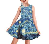 BYCHECAR Robe midi trapèze décontractée évasée pour filles - Robe midi évasée - Robe d'été pour l'école, Van Gogh Starry Sky, 7-8 ans