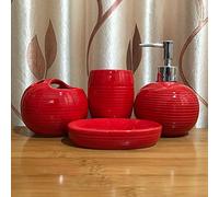 BYEON 4 pièces en céramique Salle de Bain complète Accessory Set - Porte-Brosse à Dents, Tumbler, Savon, Distributeur de Pompe,Rouge