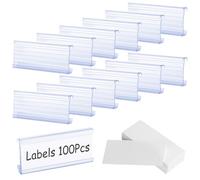byepica Lot de 100 pinces à étiquettes en fil de plastique avec 100 inserts en papier, compatibles avec les étagères Metro/Nexel de 3,2 cm, étiquettes à clipser pour organiser les étagères