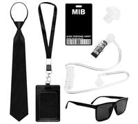 Byffoer Lot de 6 accessoires de costume d'agent - Ensemble de déguisement d'espion avec lunettes de soleil noires, cravate, écouteur, carte d'identité et porte-cartes pour homme et femme
