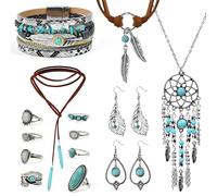 Byfoyif 14 Pcs Bijoux Bohème Turquoise, Bijoux Occidentaux pour Femmes Vert, Collier Pendentif Turquoise + Boucles d'Oreilles Chic + Bagues Vintage + Bracelet Bohème, pour Voyage Photographie Cowgirl