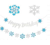 Byfoyif 2 Pcs Guirlande Joyeux Anniversaire en Flocon de Neige, Banderole Joyeux Anniversaire en Papier, Guirlande Flocon de Neige Bleu et Blanc, Fanion Happy Birthday Pailletté, pour Fête Décoration