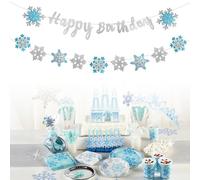 Byfoyif 2 Pcs Guirlande Joyeux Anniversaire en Flocon de Neige, Banderole Joyeux Anniversaire en Papier, Guirlande Flocon de Neige Bleu et Blanc, Fanion Happy Birthday Pailletté, pour Fête Décoration