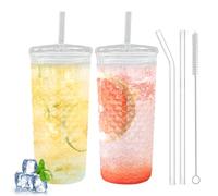 Byfoyif 2 Pcs Verre avec Couvercle et Paille 650 ml, Verre Bubble Tea Réutilisable, Gobelet Smoothie Transparent sans BPA, Tasse Matcha Avec Motif en Écailles de Poisson, pour Thé Café Glacé Lait Jus