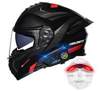 BYGMWEP Casque Moto Modulable Bluetooth avec Feu Arrière, Casque Moto Homologué ECE, Flip Up Casque Adulte Moto avec Double Visière, Microphone à Haut-Parleur intégré, pour Homme Femme
