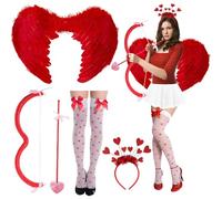 Byhsoep Déguisement de Cupidon Femme avec Ailes d'Ange de 60CM,Arc de Cupidon,Bandeau,Bas avec Nœud,Costume d'Ange Eros pour Filles et Femmes,Accessoires de Fête de Carnaval de Saint-Valentin (Rouge)