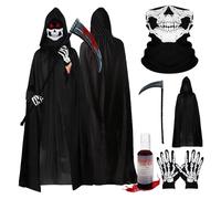 Byhsoep Deguisement Faucheur 120/170cm,Deguisement Halloween,Costume de Faucheur Avec Des Faucilles,Du Faux Sang,Des Gants et Des Masques,pour Cosplay,Carnavals,Fêtes Costumées (120CM-Noir)