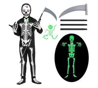 Byhsoep Deguisement Squelette Garcon,Costume de Squelette Enfant avec Faux de la Mort,Déguisement Halloween Glow in the Dark Garçon Squelette pour Halloween Fete Carnaval Cosplay (M(10-12 YRS))