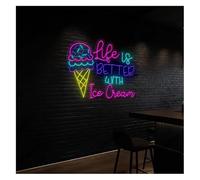 Byicoo Enseignes au néon d'art suspendues Enseigne lumineuse « La vie est meilleure avec une glace » idéale pour un salon de thé au lait (59 cm)