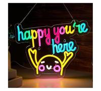 Byicoo Enseignes au néon d'art suspendues Enseigne lumineuse néon « Heureux d'être là » pour décoration de présentoir à goûter pour enfants bar salon fête 40x48cm
