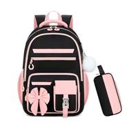Byitin Lot de 2 Cartables Filles pour Primaire(Sac à Dos&Trousse), NoirRose | Respirant, Pour Ados et Primaire, Imperméable, Grande Capacité, École, Activités de Plein Air et Voyages