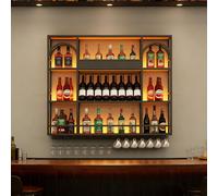 BYJSJY Étagère à Vin Murale en Fer avec Porte-Verre et Lumière LED, Porte-Bouteilles Mural, Rangement de Bouteilles de Vin Industriel pour Bar, Salon, Cuisine(Black,120cm/47.2in)