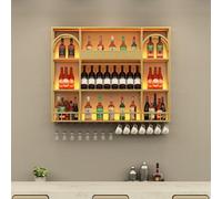 BYJSJY Étagère à Vin Murale en Fer avec Porte-Verre et Lumière LED, Porte-Bouteilles Mural, Rangement de Bouteilles de Vin Industriel pour Bar, Salon, Cuisine(Gold,150cm/59in)