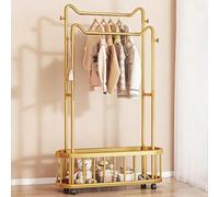 BYJSJY Portant à Vêtements autoportant doré avec double tringle, panier de rangement et roulettes - Montage immédiat, Portemanteau idéal pour chambre, salon ou dortoir(80cm/31.5in)