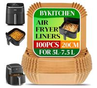 BYKITCHEN Papier Sulfurisé pour Air Fryer Philips Série 2000 6.2L, Papier Cuisson pour Air Fryer Cosori/Cecotec 5.5L/Moulinex 6.5L/7.5L, 100 Pièces Accessoires/Barquette/Plat pour Air Fryer (20x23cm)