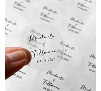 Bykiyevm Lot de 100 autocollants ronds transparents de mariage personnalisés pour bouteilles, pots, tasses, faveurs (3 cm, noir, brillant, lettre, usage unique, résistant aux intempéries)