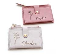 Bykiyevm Portefeuille en cuir personnalisé avec fleur de naissance et nom, porte-cartes en cuir synthétique gravé personnalisé pour femme, cadeau de fête des mères, anniversaire, demoiselle d'honneur