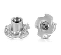 Bykonh Lot de 25 écrous en T 6,35 mm - 20 écrous en T en acier inoxydable 304 à 4 dents, inserts filetés à quatre mâchoires pour escalade, meubles, armoires, travail du bois, argent