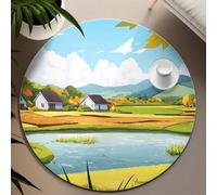 BYLEEHOMED Cartoon Circle Tapis 90 cm Campagne Verts Pâturages Lac Imprimer Facile Entretien Faible Vie Repas Rond Tapis de Sol Intérieur Antidérapant Design