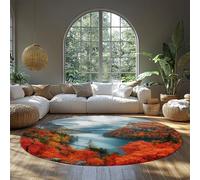 BYLEEHOMED Dreamy Misty Forest Circle Tapis 120 cm Automne Rouge Feuilles d’érable et lac Design Tapis Rond antidérapant pour la Lecture Coin Salon