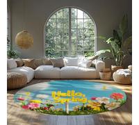 BYLEEHOMED Floral Field Soft Low Pile Rond Tapis 180 cm Bonjour Printemps Saisonnier Lavable Cercle Tapis Frais Printemps Antidérapant Sol Décor pour Porte D’entrée