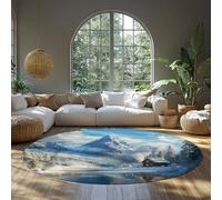 BYLEEHOMED Hiver Lac Paysage Cercle Tapis 150 cm Montagnes Forêt enneigée Chalet Destination de Vacances Tapis de Cercle Lavable pour décor de Chevet