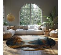 BYLEEHOMED Misty Autumn Forest Circle Tapis 150 cm Moderne Grand Tapis Rond Antidérapant avec Automne Woodland Stream Motif Lavable en Machine Décor D’intérieur