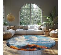 BYLEEHOMED Misty Forest Circle Tapis 120 cm Brumeux Jungle Montagne Rustique Mer de Nuages Paysage Antidérapant à Poils Ras Tapis Rond pour canapé