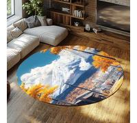 BYLEEHOMED Rond Automne Petite Ville Paysage Tapis 210 cm Lavable Neige Montagne Imprimer Antidérapant Petit Tapis Circulaire à Poils Ras pour Zone d’Habillage