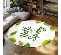 BYLEEHOMED Tapis Cercle Lavable 90 cm Feuilles Vertes Fraîches Design Bonjour Printemps Tapis Rond Doux Antidérapant pour Coin Lecture Salon Décor