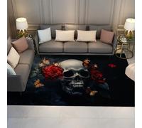 BYLEEHOMED Tapis d’Halloween de Style Preppy foncé 80x150cm antidérapant Lavable Romantique Rose Skull Automne Noir Extra Long Tapis de Sol pour l’entrée de la Cuisine