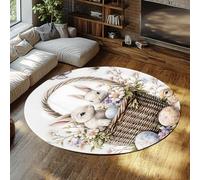 BYLEEHOMED Tapis de Surface Ronde de Lapins de Pâques Tapis Lavable Lapin Mignon Ferme Vintage Spring Antidérapant Salon intérieur à Poil Bas Moquette 90 cm