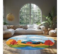 BYLEEHOMED Tapis Lavable Dessin animé Salon Cercle 90 cm Feuilles d’Automne et lac Motif Automne Nature Paysage Tapis Rond pour Salle à Manger