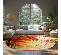 BYLEEHOMED Tapis Rond antidérapant pour Le Salon Rouge Orange Feuilles d’érable Chemin forestier Rustique Ferme Cercle Tapis pour l’Automne Thanksgiving 60 cm