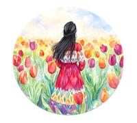 BYLEEHOMED Tapis Rond Aquarelle Tulipe 120 cm Vue esthétique des Filles dans Un Champ de Fleurs Tapis Doux antidérapant Lavable pour Salon et Chambre