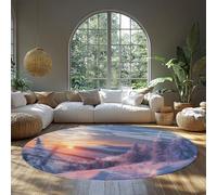 BYLEEHOMED Tapis Rond d’Hiver Lever de Soleil 120 cm Wonderland Forest Bokeh Scène de Neige Pin Tree Print Tapis Circulaire Lavable antidérapant pour Coin Lecture