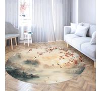 BYLEEHOMED Tapis Rond en Fleurs de Cerisier 90 cm Oriental Chinois Fleurs Arbres Tradition Peinture à l’Encre Antique Tapis Circulaire antidérapant pour Chevet