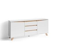 byLIVING Buffet Valentin avec 2 Portes et 3 tiroirs | Commode blanche mate avec finition aspect chêne, style scandinave, sans poignées, l 180, H 80, P 38 cm