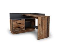 byLIVING Bureau d'angle Belfast, Montage des Deux côtés, 3 tiroirs | Table de bureau d'angle aspect bois vieilli et anthracite, 129 x 83,5 x 105 cm (l x H x P)