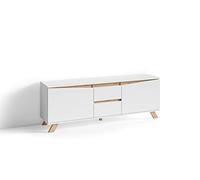 byLIVING Meuble TV Valentin avec 2 Portes et 2 tiroirs | Meuble TV blanc mat avec finition aspect chêne, meuble TV de style scandinave, sans poignées, L 160 cm, H 60 cm, P 38 cm
