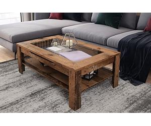 byLIVING Table Basse Moderne avec Insert en Verre et tiroir généreux Aspect Bois Ancien/Table d'appoint avec Grand Espace de Rangement/l 110 x H 43 x P 67 cm