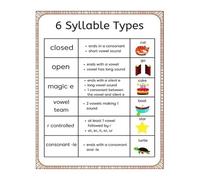 BYLSAGWHT Metal Tin Sign For Reading Classroom Six Syllable Types Chart Multisyllabic Word Decoding Guide With Examples Phonics Teaching Resource 8 X 12 in