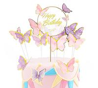 Bymivofun 21 Pièces Papillons Décoration Gâteau, Joyeux Anniversaire Papillon Décoration Gâteau, pour Filles Bébé Filles Fête d'Anniversaire Valentine