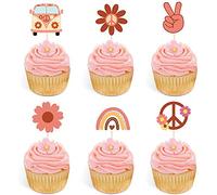 Bymivofun 24 Pcs Hippie Party Cupcake Toppers, Deux Décorations de Fête Groovy, Peace Love Cupcake Toppers, pour Fête D'anniversaire de Fille de Fleur, Thème des Années 60 Boho Rainbow Party Supplies
