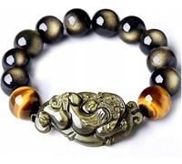 ByNGSDCC Bracelet Porte-Bonheur, Bracelet Feng Shui en Obsidienne Noire, Bracelet Perles de Bouddha œil Tigre Pixiu, énergétique dorée Naturelle, réglable, 10 mm(Black-16mm)