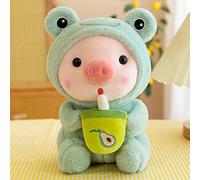 BYNYXI 25 cm Peluche Cochon, Kawaii Oreiller en Peluche Peluche Pingouin Grenouille Cochon Peluche avec Tasse à Thé au Lait Animal Doux Poupée Cadeau pour Enfants Garçons Filles