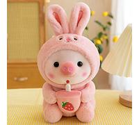 BYNYXI 25 cm Peluche Cochon, Kawaii Oreiller en Peluche Peluche Pingouin Grenouille Cochon Peluche avec Tasse à Thé au Lait Animal Doux Poupée Cadeau pour Enfants Garçons Filles