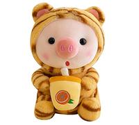 BYNYXI 25 cm Peluche Cochon, Kawaii Oreiller en Peluche Peluche Pingouin Grenouille Cochon Peluche avec Tasse à Thé au Lait Animal Doux Poupée Cadeau pour Enfants Garçons Filles