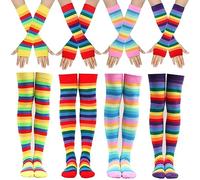 BYNYXI 4 Paires de Mi-Bas Rayés pour Femmes, avec Manchettes Gants Longs en Tricot Gants sans Doigts Set Survêtement Cuisse Arc-en-Ciel Chaussettes Rayées Cuisse Chaussettes Hautes Fête Costume