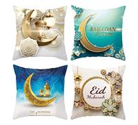 BYNYXI 4 PCS Taie doreiller Ramadan, 45cmx45cm Housse de Coussin Eid Mubarak Eid Ramadan Housses de Coussin Golden Moon Star Lantern Housse de Coussin Canapé Musulman Taie doreiller Eid